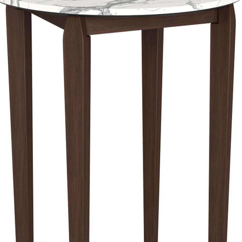 32" White and Brown Faux Marble and Solid Wood Rounded Bar Table. Bar & restaurant table isolated on a plain white background, finished in white wood.
