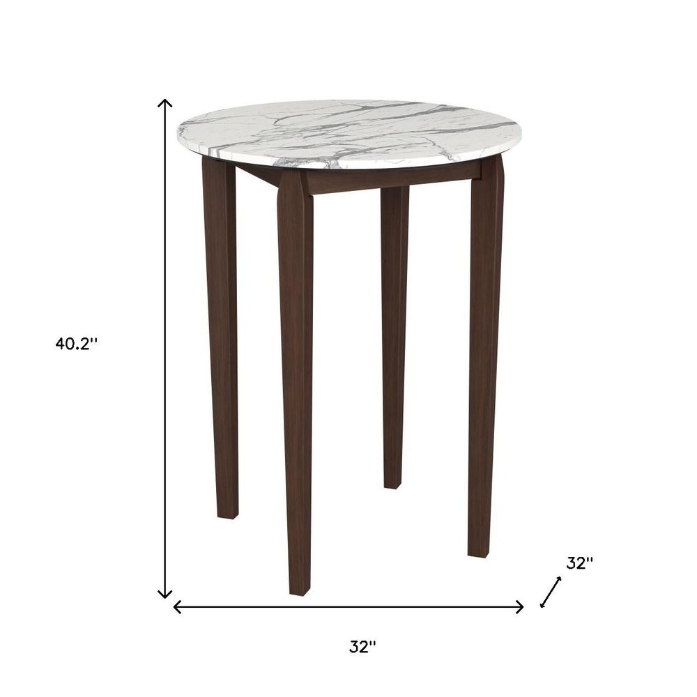 32" White and Brown Faux Marble and Solid Wood Rounded Bar Table. Bar & restaurant table isolated on a plain white background, showing a white wood surface.