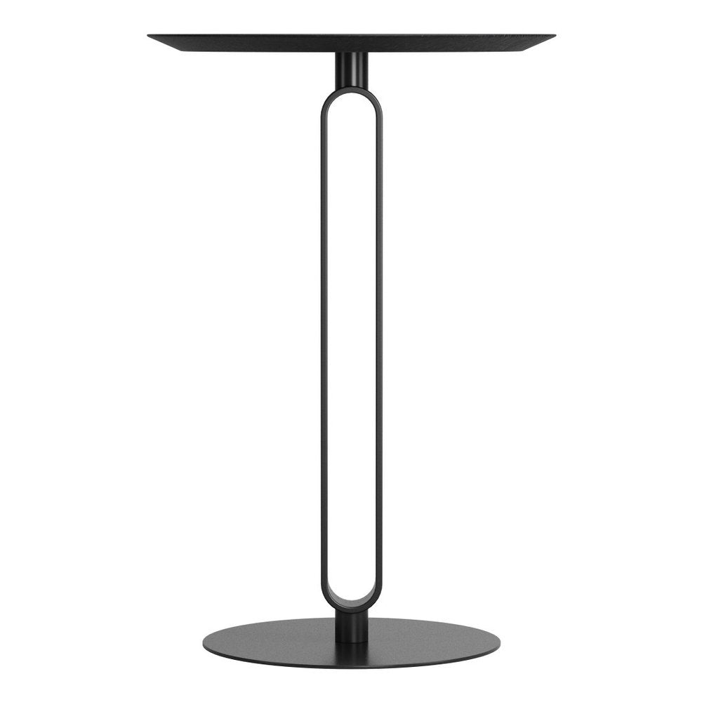 24" Black Wood and Steel Rounded Bar Table. Bar & restaurant table isolated on a plain white background, in a black metal finish.