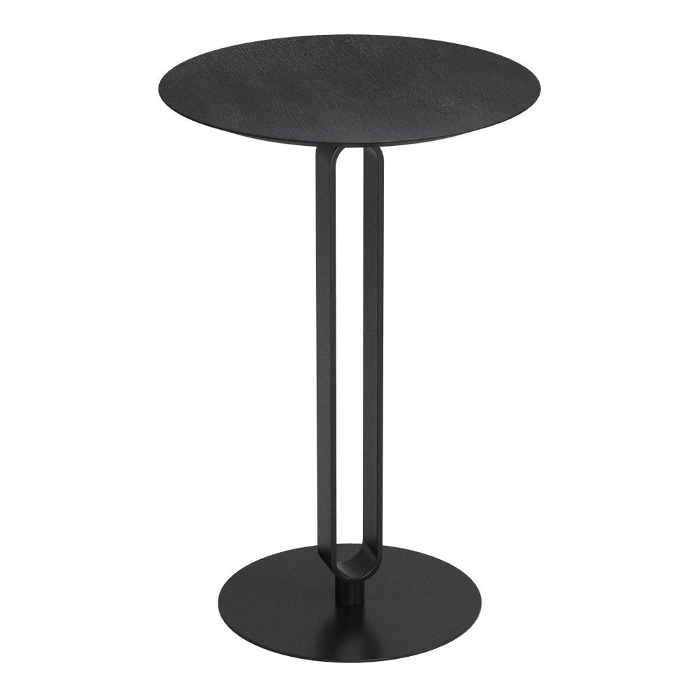 24" Black Wood and Steel Rounded Bar Table. Bar & restaurant table isolated on a plain white background, finished in black metal.