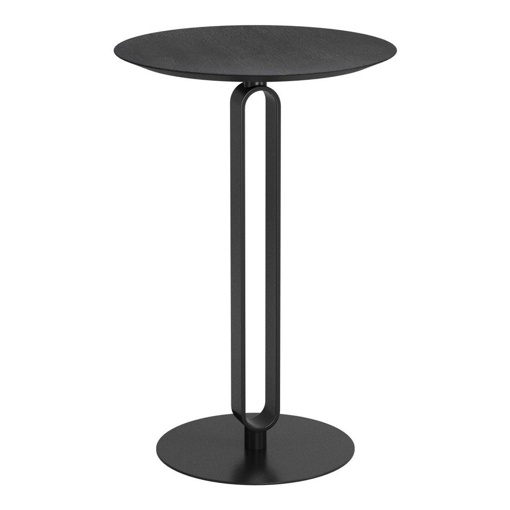 24" Black Wood and Steel Rounded Bar Table. Bar & restaurant table isolated on a plain white background, showing a black metal surface.