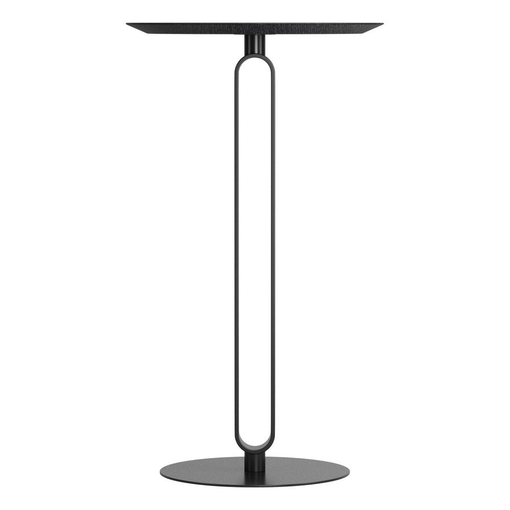 24" Black Wood and Steel Rounded Bar Table. Bar & restaurant table isolated on a plain white background, in a black metal finish.