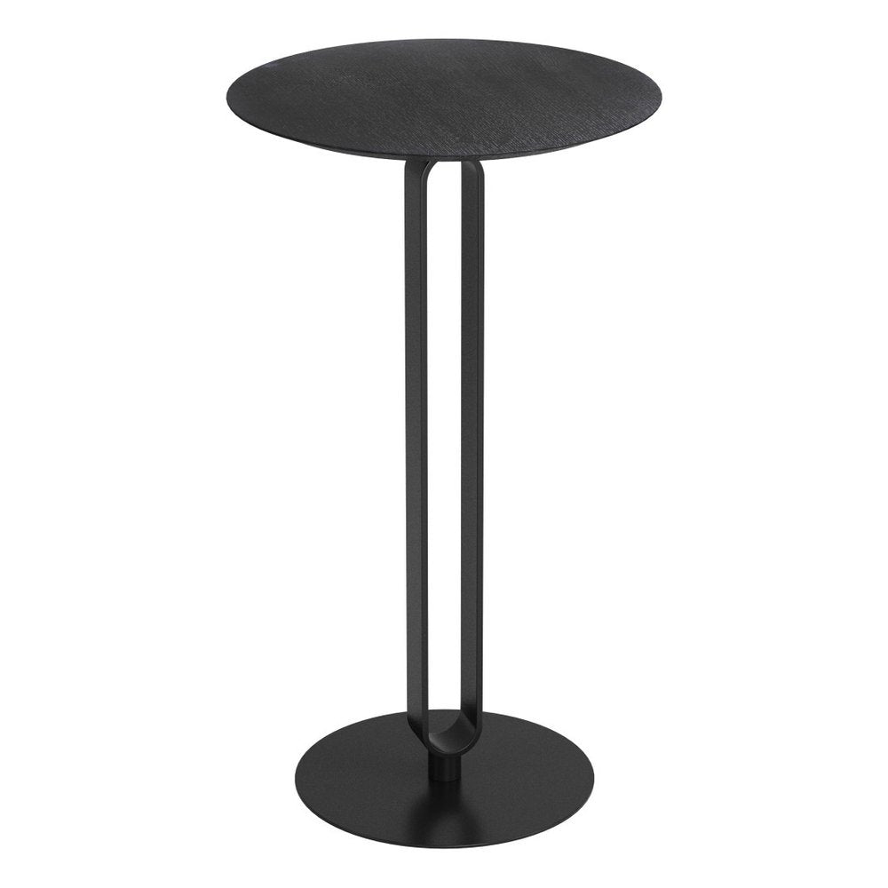 24" Black Wood and Steel Rounded Bar Table. Bar & restaurant table isolated on a plain white background, finished in black metal.