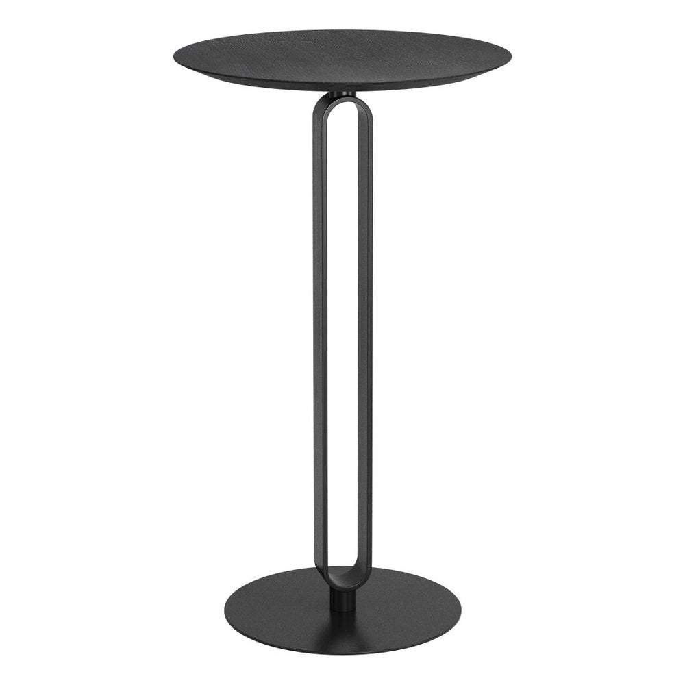 24" Black Wood and Steel Rounded Bar Table. Bar & restaurant table isolated on a plain white background, in a black metal finish.
