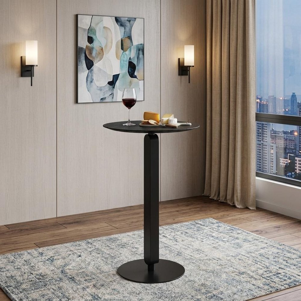 24" Black Wood and Steel Rounded Bar Table shown outdoors on a tiled patio.