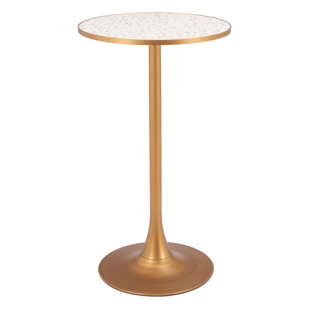 24" Beige and Gold Faux Terrazzo and Steel Rounded Bar Table. Bar & restaurant table isolated on a plain white background, finished in beige metal.