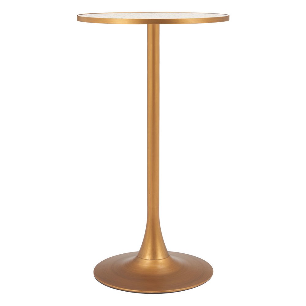 24" Beige and Gold Faux Terrazzo and Steel Rounded Bar Table. Bar & restaurant table isolated on a plain white background, showing a beige metal surface.