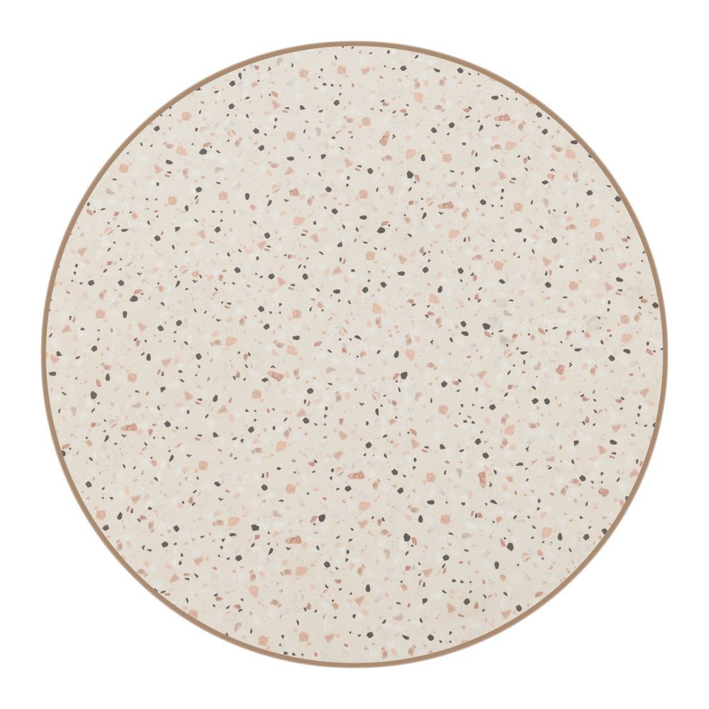 24" Beige and Gold Faux Terrazzo and Steel Rounded Bar Table. Bar & restaurant table isolated on a plain white background, finished in beige metal.