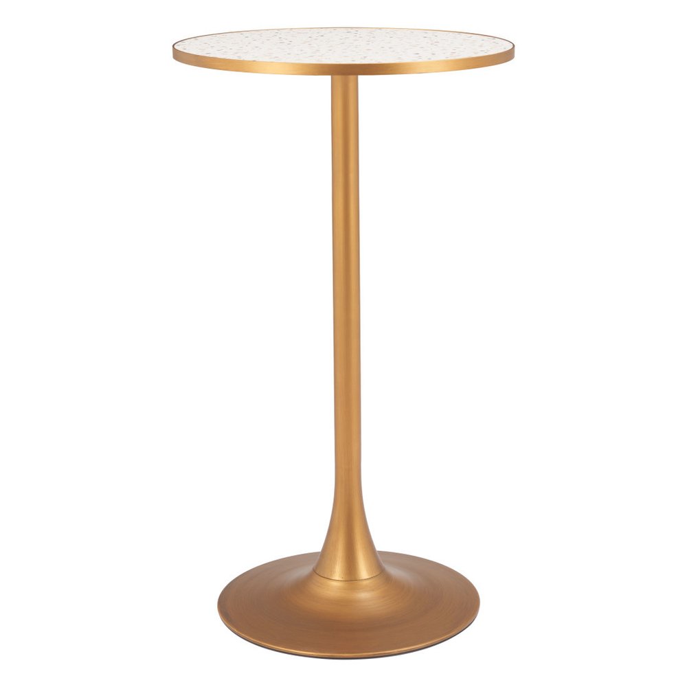 24" Beige and Gold Faux Terrazzo and Steel Rounded Bar Table. Bar & restaurant table isolated on a plain white background, showing a beige metal surface.