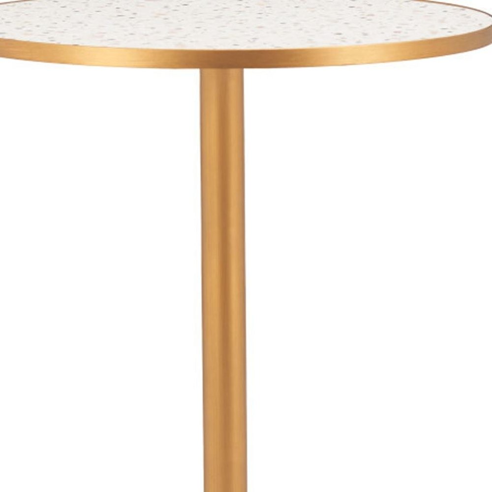 24" Beige and Gold Faux Terrazzo and Steel Rounded Bar Table. Bar & restaurant table isolated on a plain white background, finished in beige metal.