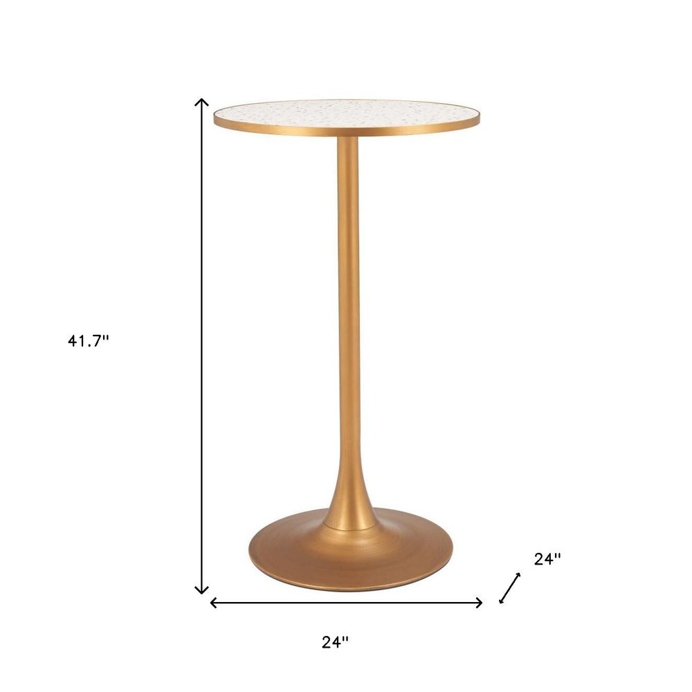 24" Beige and Gold Faux Terrazzo and Steel Rounded Bar Table. Bar & restaurant table isolated on a plain white background, in a beige metal finish.