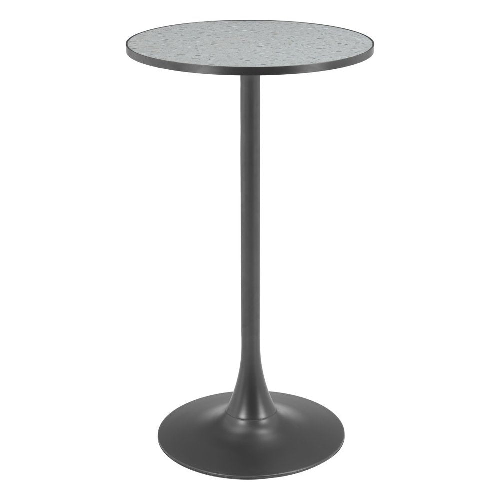 24" Gray and Black Faux Terrazzo and Steel Rounded Bar Table. Bar & restaurant table isolated on a plain white background, finished in black metal.