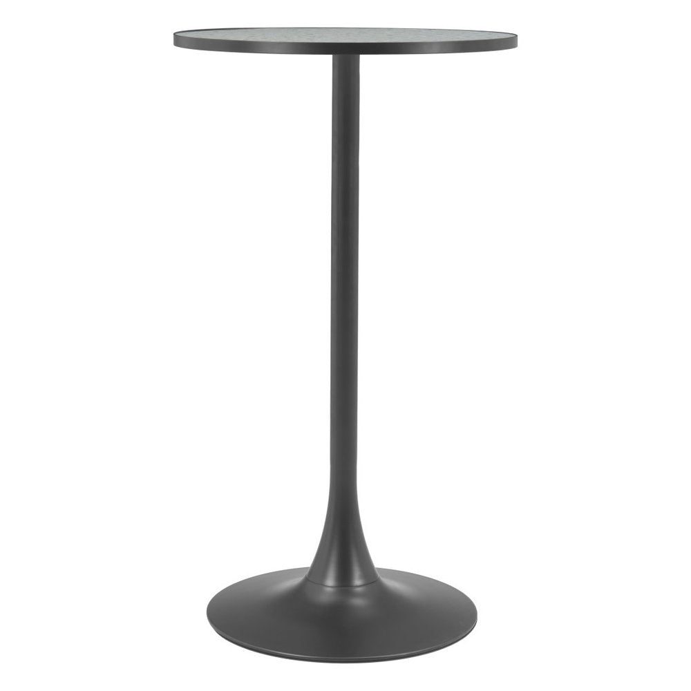 24" Gray and Black Faux Terrazzo and Steel Rounded Bar Table. Bar & restaurant table isolated on a plain white background, showing a black metal surface.