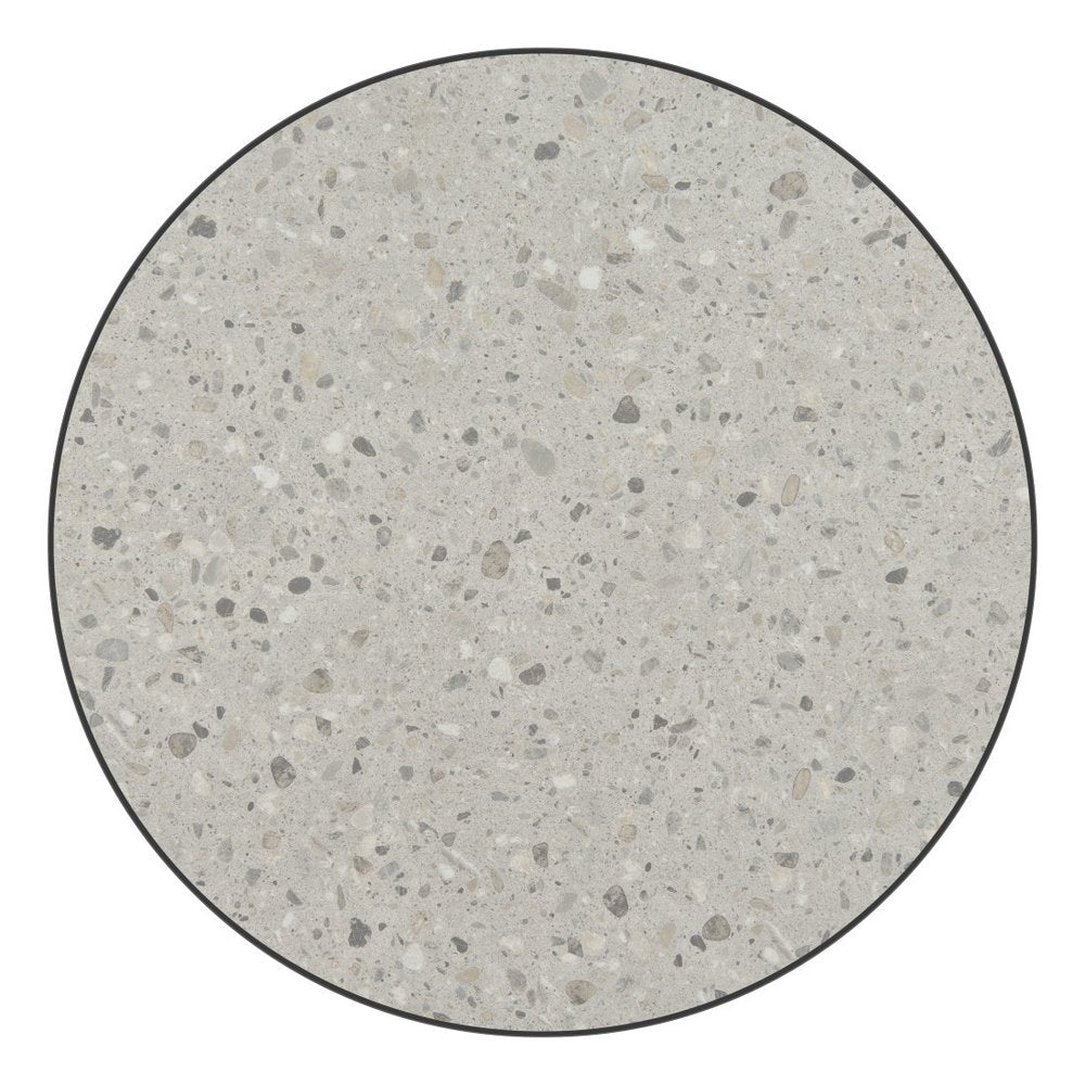 24" Gray and Black Faux Terrazzo and Steel Rounded Bar Table. Bar & restaurant table isolated on a plain white background, in a gray metal finish.