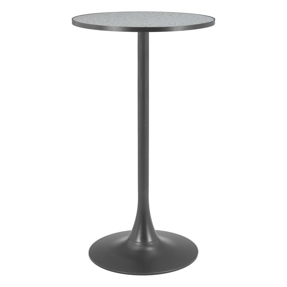 24" Gray and Black Faux Terrazzo and Steel Rounded Bar Table. Bar & restaurant table isolated on a plain white background, finished in black metal.