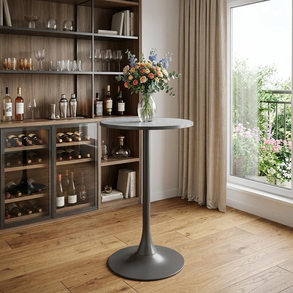 24" Gray and Black Faux Terrazzo and Steel Rounded Bar Table. Bar & restaurant table in black metal.