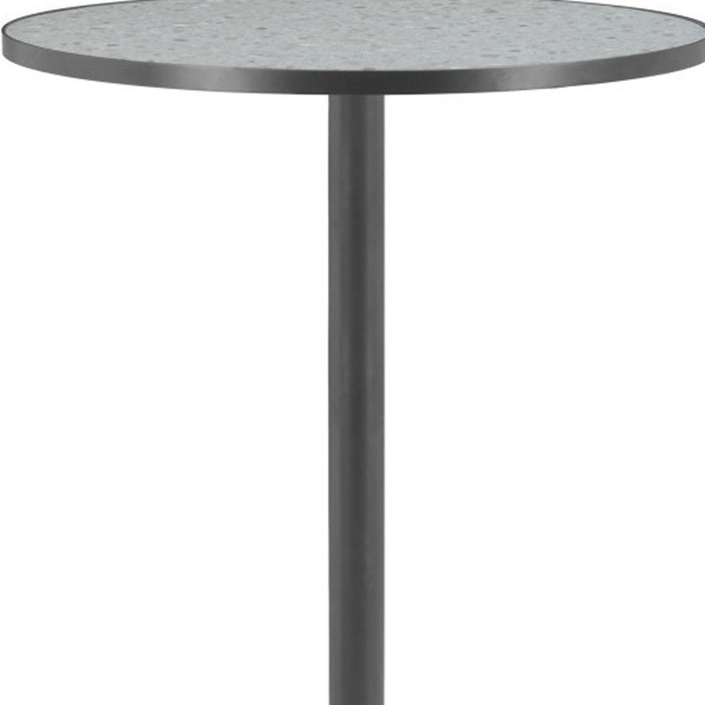 24" Gray and Black Faux Terrazzo and Steel Rounded Bar Table. Bar & restaurant table isolated on a plain white background, finished in black metal.