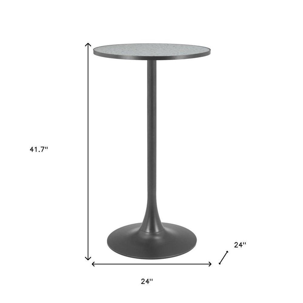 24" Gray and Black Faux Terrazzo and Steel Rounded Bar Table. Bar & restaurant table isolated on a plain white background, showing a black metal surface.