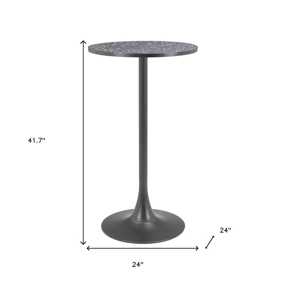 24" Black Faux Terrazzo and Steel Rounded Bar Table. Bar & restaurant table isolated on a plain white background, finished in black metal.