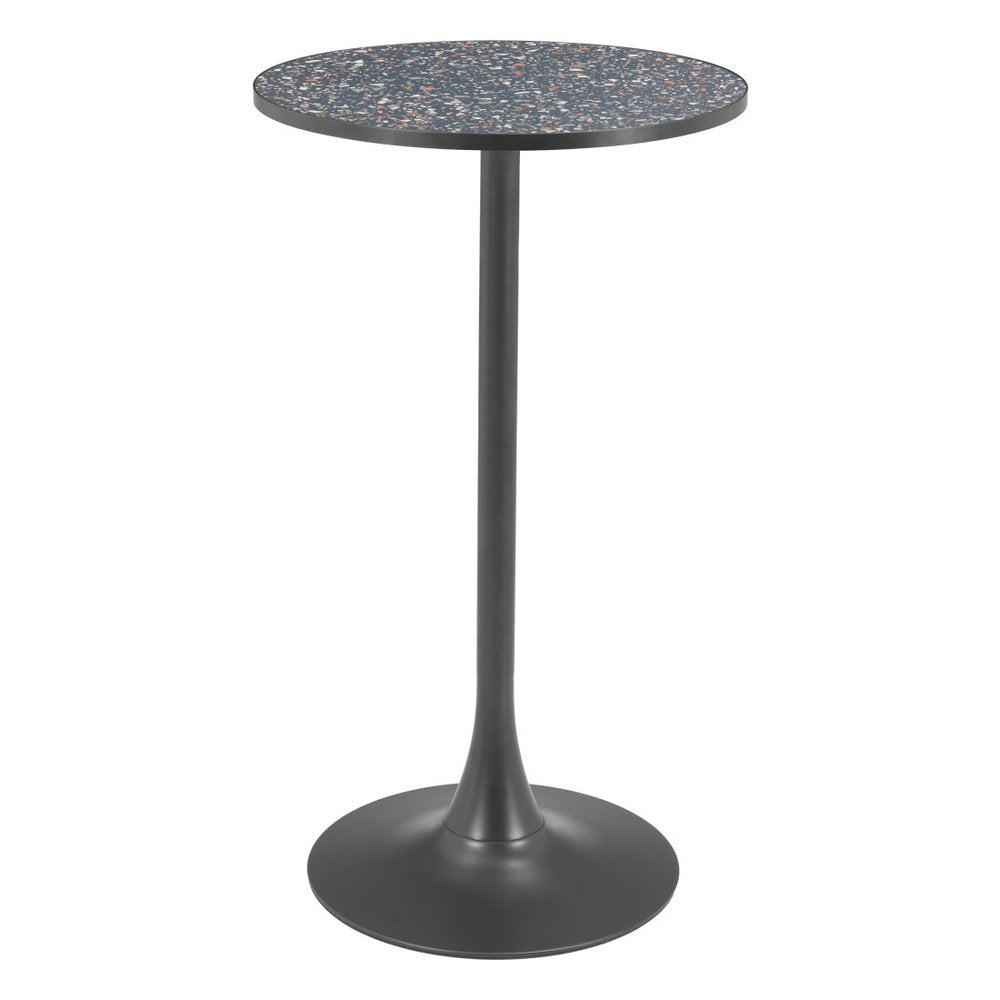 24" Black Faux Terrazzo and Steel Rounded Bar Table. Bar & restaurant table isolated on a plain white background, showing a black metal surface.