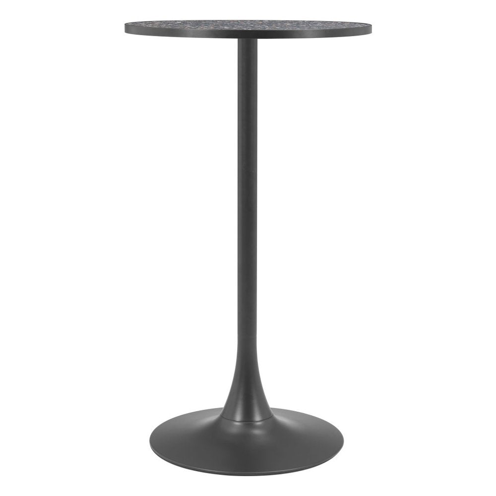 24" Black Faux Terrazzo and Steel Rounded Bar Table. Bar & restaurant table isolated on a plain white background, finished in black metal.