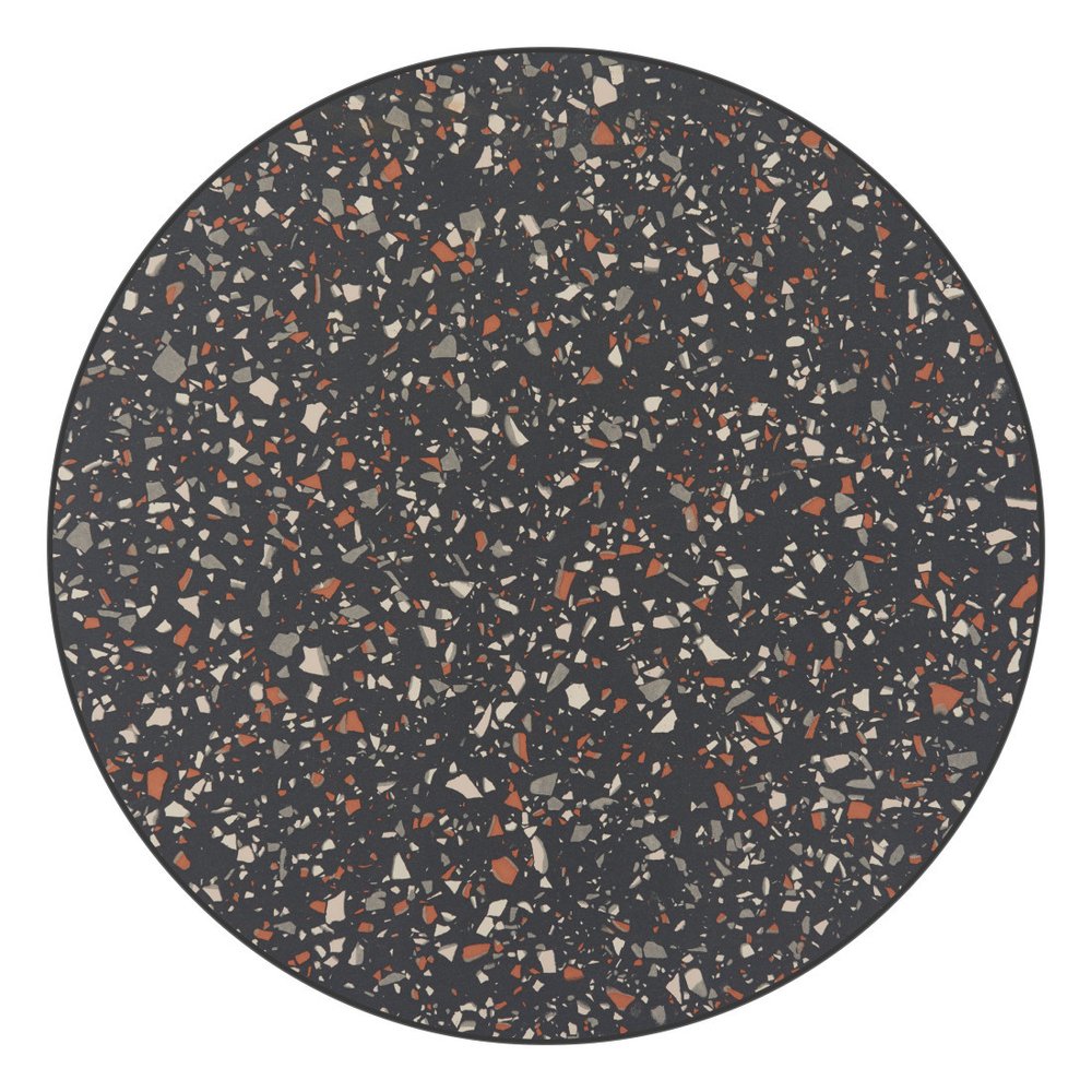24" Black Faux Terrazzo and Steel Rounded Bar Table. Bar & restaurant table isolated on a plain white background, showing a black metal surface.