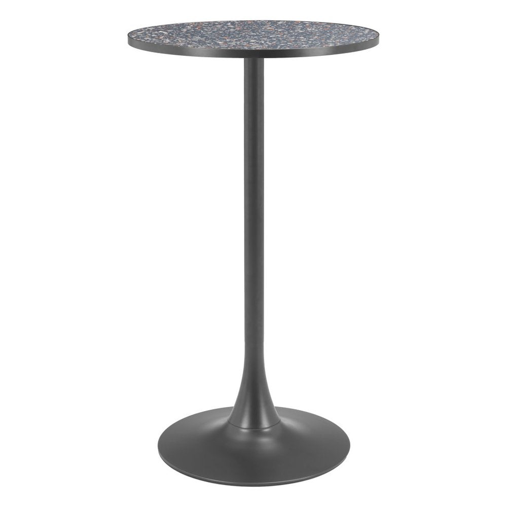 24" Black Faux Terrazzo and Steel Rounded Bar Table. Bar & restaurant table isolated on a plain white background, in a black metal finish.