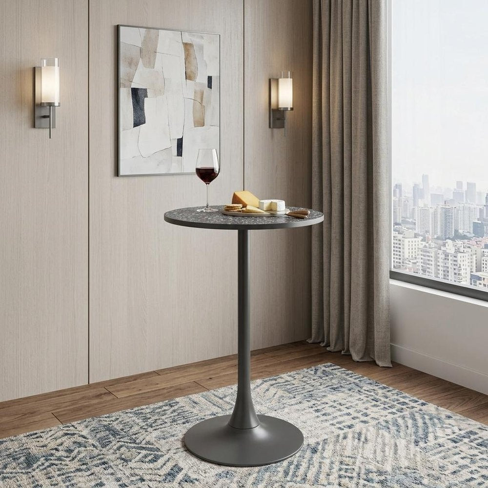 24" Black Faux Terrazzo and Steel Rounded Bar Table. Bar & restaurant table in black metal.