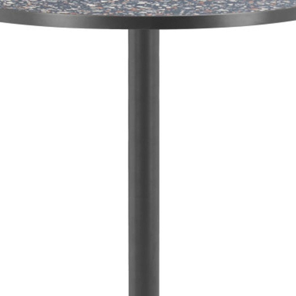 A round black faux terrazzo bar table with a dark gray steel pedestal base against a white background.