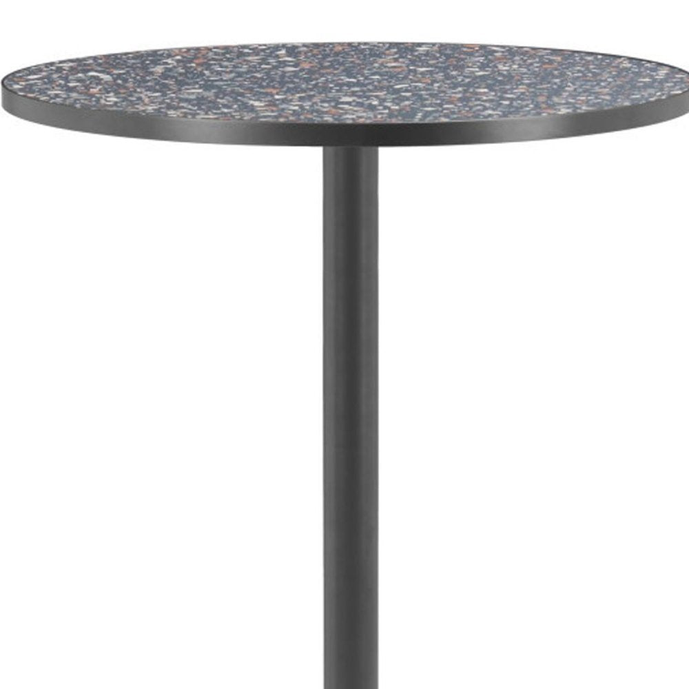 24" Black Faux Terrazzo and Steel Rounded Bar Table. Bar & restaurant table isolated on a plain white background, in a black metal finish.