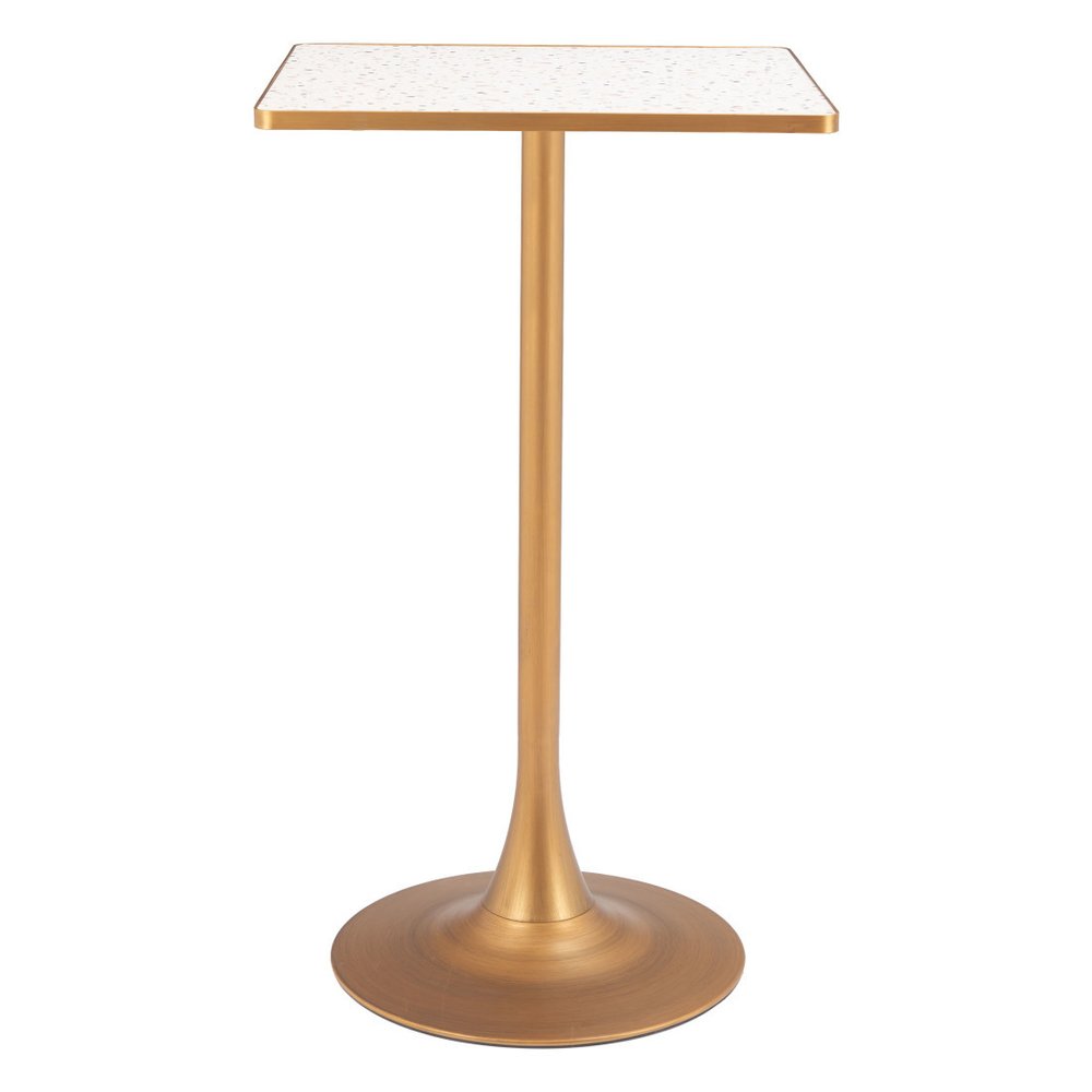 24" Beige and Gold Faux Terrazzo and Steel Square Bar Table. Bar & restaurant table isolated on a plain white background, finished in beige metal.