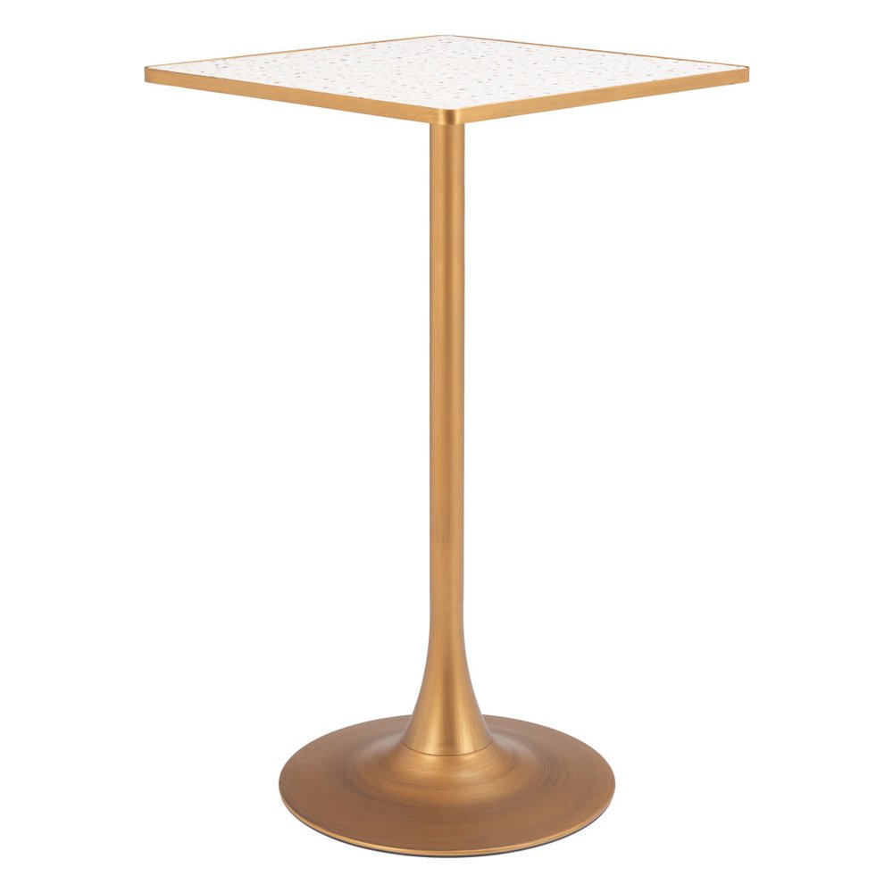 24" Beige and Gold Faux Terrazzo and Steel Square Bar Table. Bar & restaurant table isolated on a plain white background, showing a beige metal surface.