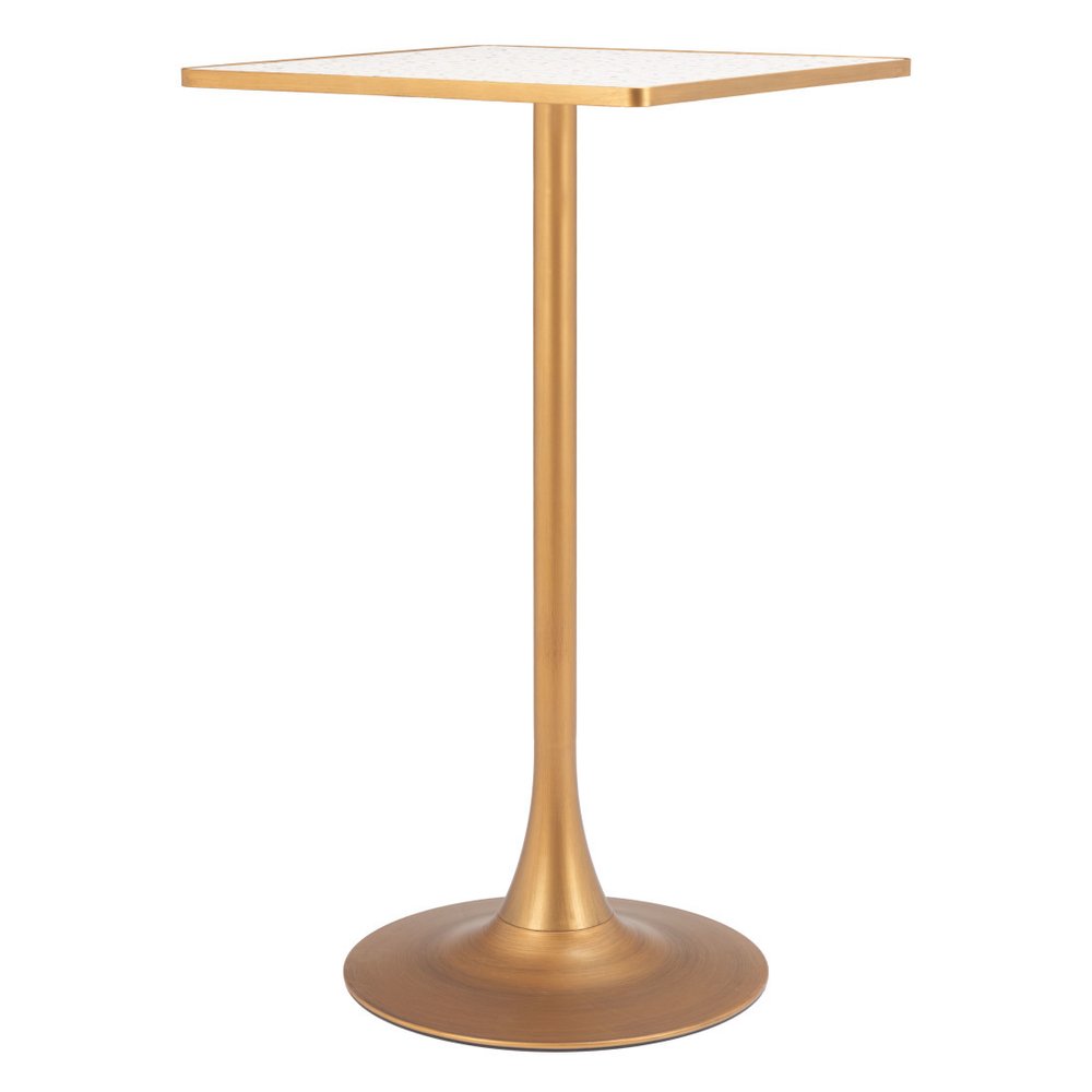 24" Beige and Gold Faux Terrazzo and Steel Square Bar Table. Bar & restaurant table isolated on a plain white background, finished in beige metal.
