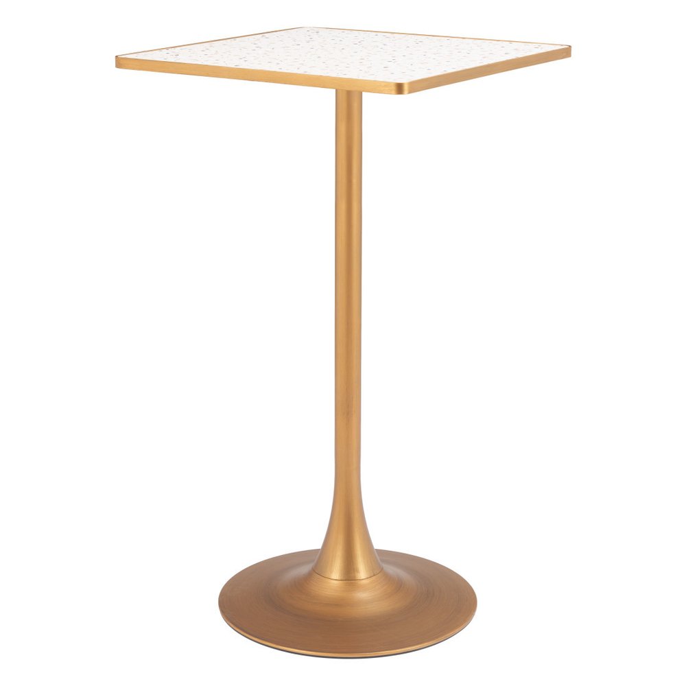 24" Beige and Gold Faux Terrazzo and Steel Square Bar Table. Bar & restaurant table isolated on a plain white background, showing a beige metal surface.