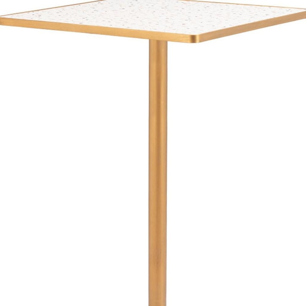 24" Beige and Gold Faux Terrazzo and Steel Square Bar Table. Bar & restaurant table isolated on a plain white background, showing a beige metal surface.