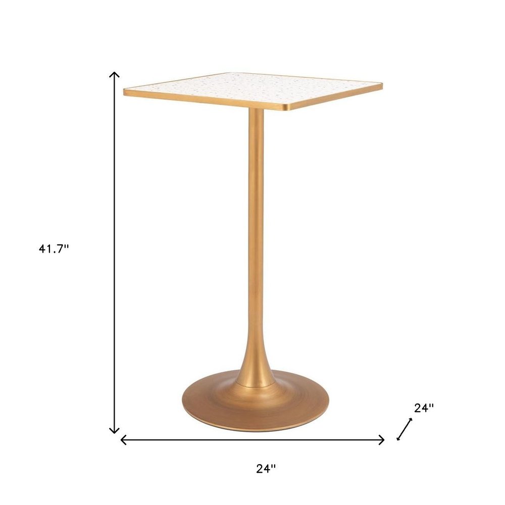 24" Beige and Gold Faux Terrazzo and Steel Square Bar Table. Bar & restaurant table isolated on a plain white background, in a beige metal finish.