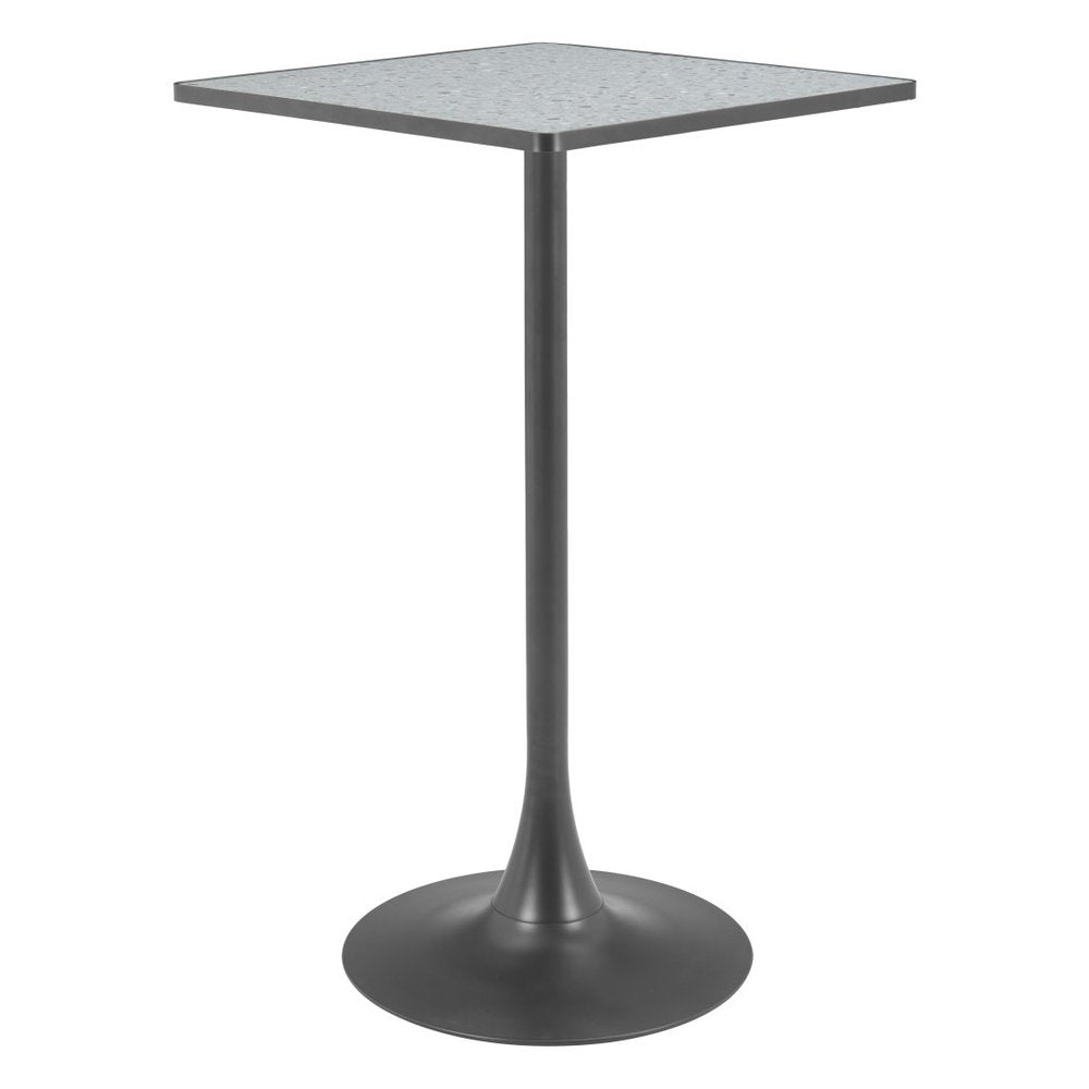 24" Gray and Black Faux Terrazzo and Steel Square Bar Table. Bar & restaurant table isolated on a plain white background, showing a black metal surface.