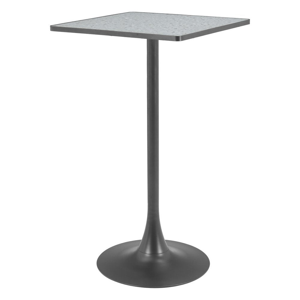 24" Gray and Black Faux Terrazzo and Steel Square Bar Table. Bar & restaurant table isolated on a plain white background, finished in black metal.