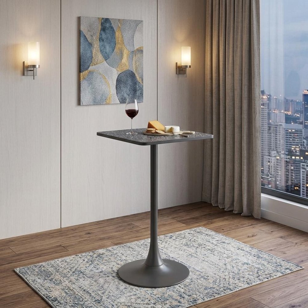 24" Black Faux Terrazzo and Steel Square Bar Table shown outdoors on a tiled patio.
