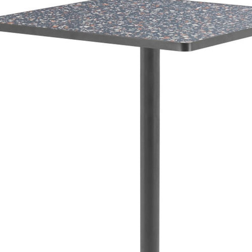 Square bar table with black faux terrazzo top and dark gray steel pedestal base on a white background.