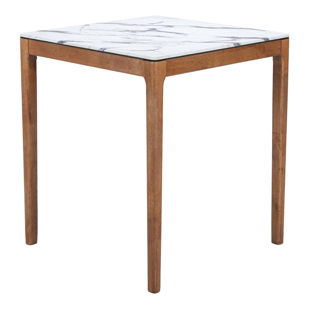 32" White and Natural Faux Marble and Solid Wood Square Bar Table. Bar & restaurant table isolated on a plain white background, in a white wood finish.