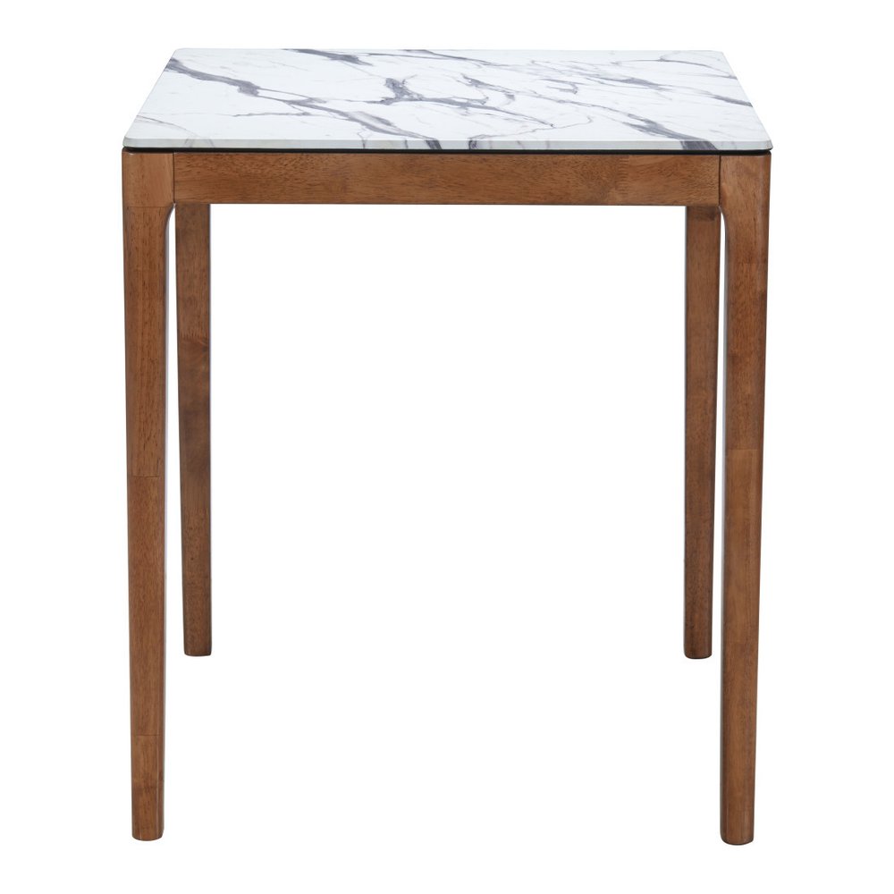 32" White and Natural Faux Marble and Solid Wood Square Bar Table. Bar & restaurant table isolated on a plain white background, finished in white wood.