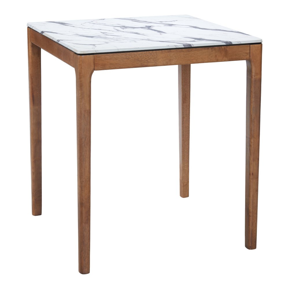 32" White and Natural Faux Marble and Solid Wood Square Bar Table. Bar & restaurant table isolated on a plain white background, showing a white wood surface.