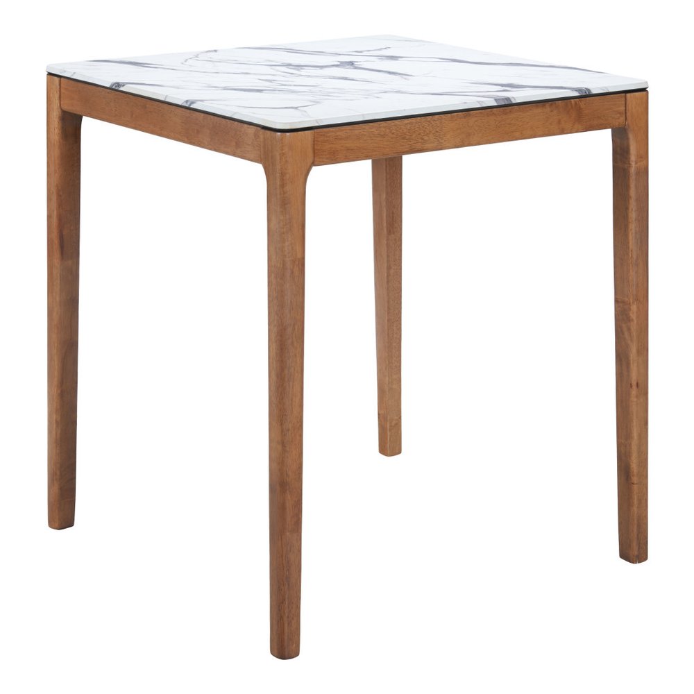 32" White and Natural Faux Marble and Solid Wood Square Bar Table. Bar & restaurant table isolated on a plain white background, finished in white wood.