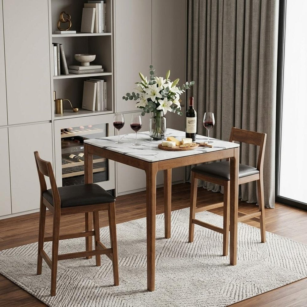32" White and Natural Faux Marble and Solid Wood Square Bar Table. Bar & restaurant table in tan wood.