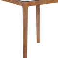 Close-up of a square bar table with a white faux marble top and natural solid wood legs on a white background.