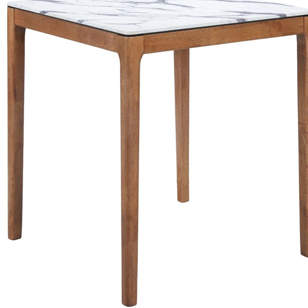32" White and Natural Faux Marble and Solid Wood Square Bar Table. Bar & restaurant table isolated on a plain white background, in a white wood finish.