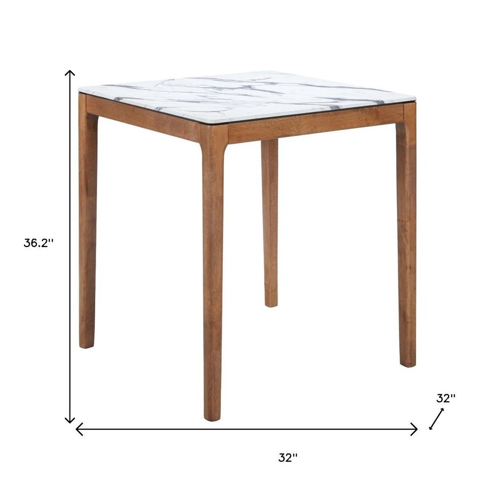 32" White and Natural Faux Marble and Solid Wood Square Bar Table. Bar & restaurant table isolated on a plain white background, showing a white wood surface.