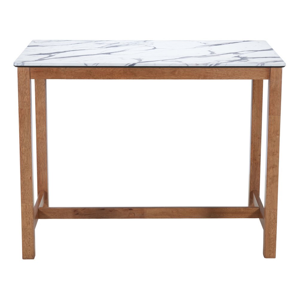 48" White and Natural Faux Marble and Solid Wood Rectangular Bar Table. Bar & restaurant table isolated on a plain white background, showing a white wood surface.
