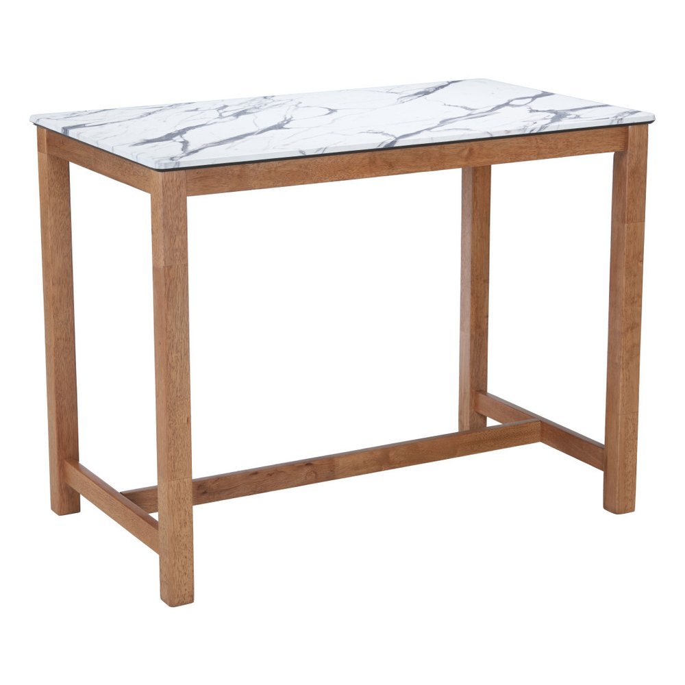 48" White and Natural Faux Marble and Solid Wood Rectangular Bar Table. Bar & restaurant table isolated on a plain white background, in a white wood finish.
